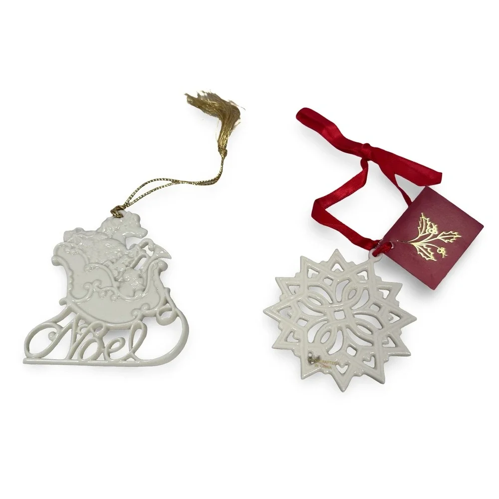 Lenox Porcelain Christmas Ornaments Set Noel Sleigh and Snowflake White Glazed